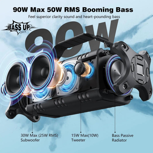 90W Max Bluetooth Speaker, IPX6 Waterproof Speakers, Loud Portable Outdoor Speaker Wireless, Deep Bass, Hi-Fi Audio, 40H Playback, Power Bank, Stereo Pairing, EQ, TF, Large Boom Box for Party