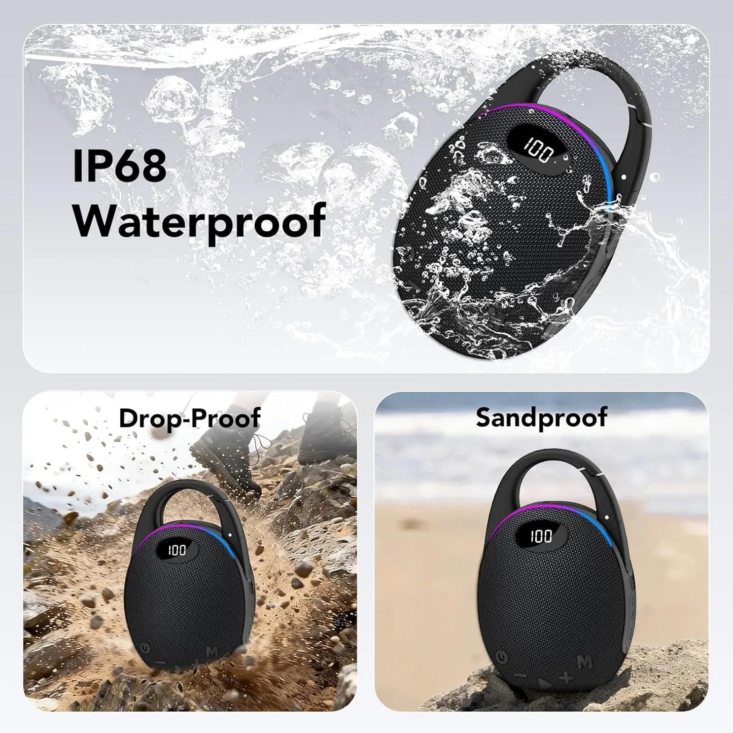 Portable Bluetooth Speaker, Mini Outdoor Bluetooth Speakers with HD Sound, LED Power Display, Big Pro Sound with Punchy Bass,Integrated Carabiner, 25H Playtime, RGB, TWS ,For Outdoor/Party/Travel