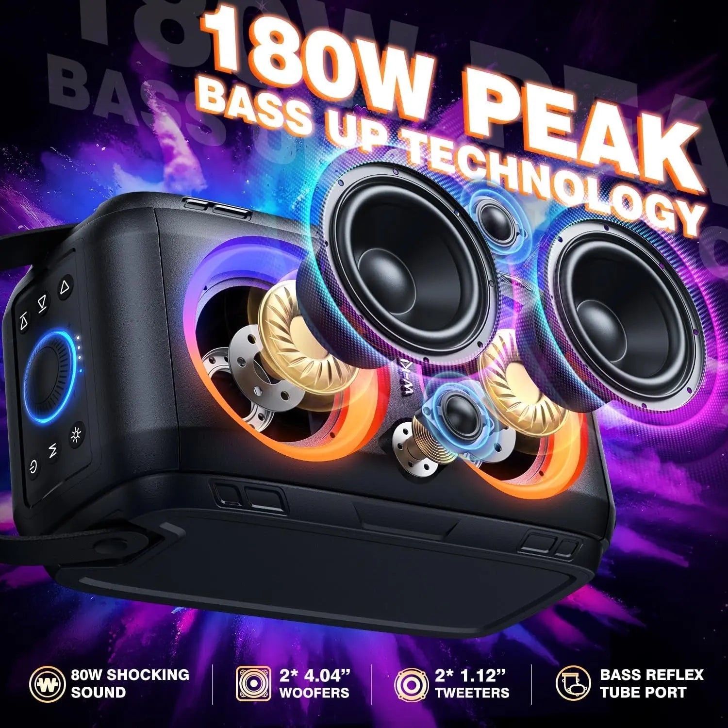 Bluetooth Speaker Loud- (180W PEAK)80W Super Bass, Huge 115Db Sound, Portable Party Wireless Outdoor Speakers/4 Drivers(2*4.04'' Woofer)/Light, IPX5 Large Speaker, 24H, U-Disk, TF Card, AUX, EQ