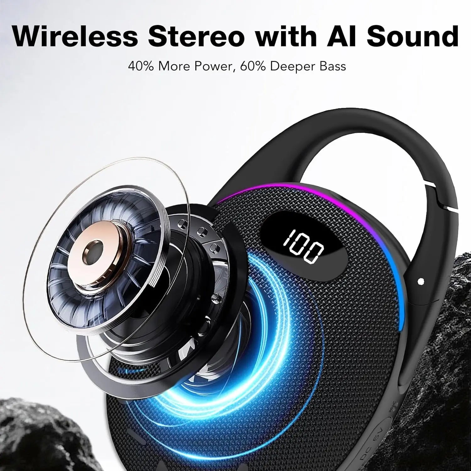 Portable Bluetooth Speaker, Mini Outdoor Bluetooth Speakers with HD Sound, LED Power Display, Big Pro Sound with Punchy Bass,Integrated Carabiner, 25H Playtime, RGB, TWS ,For Outdoor/Party/Travel